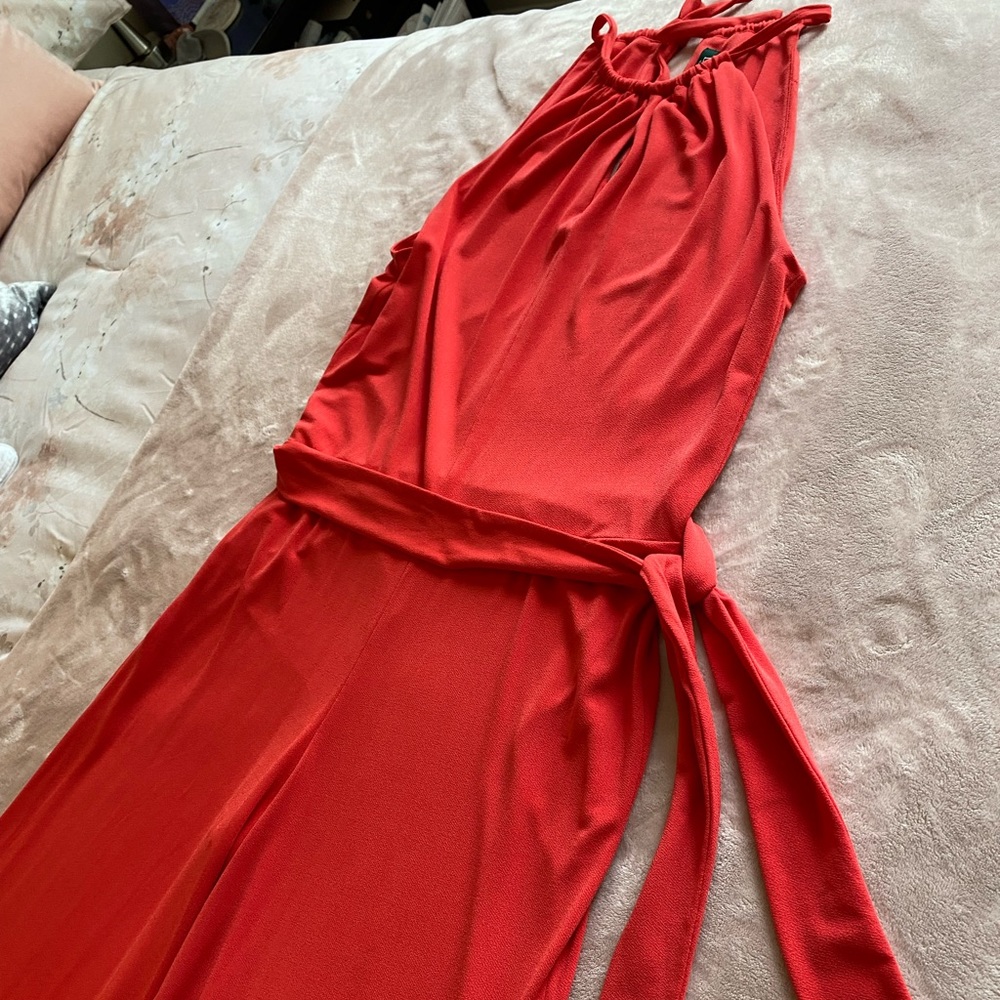 Beautiful Lauren orange jumpsuit. Pull on - no zipper. Tie back, keyhole opening